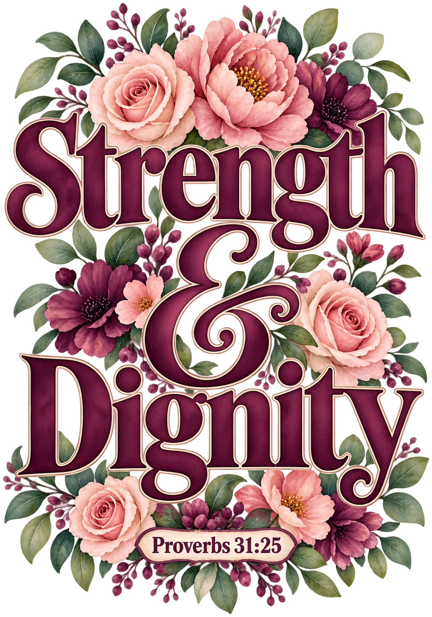 Strength and Dignity Proverbs 31:25 Watercolor Floral Christian DTF Transfer
