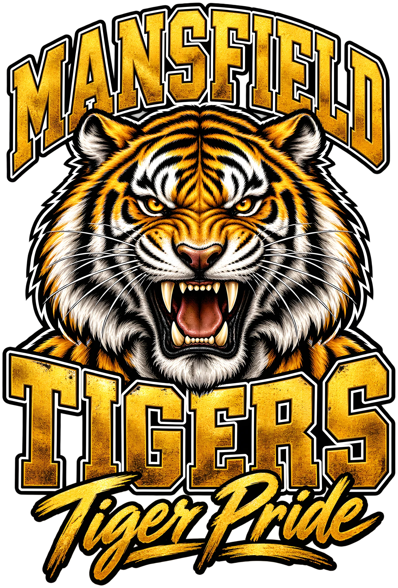 Mansfield Tigers Tiger Pride Fierce Tiger Distressed Varsity Black Gold DTF Transfer