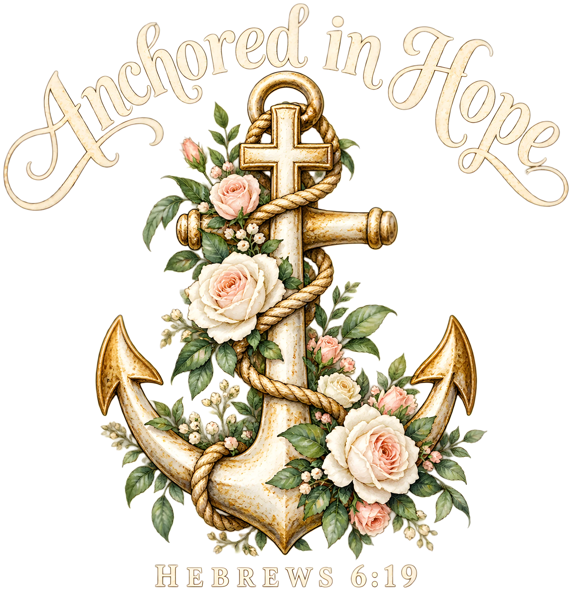 Anchored in Hope Hebrews 6:19 Vintage Anchor Roses Christian DTF Transfer