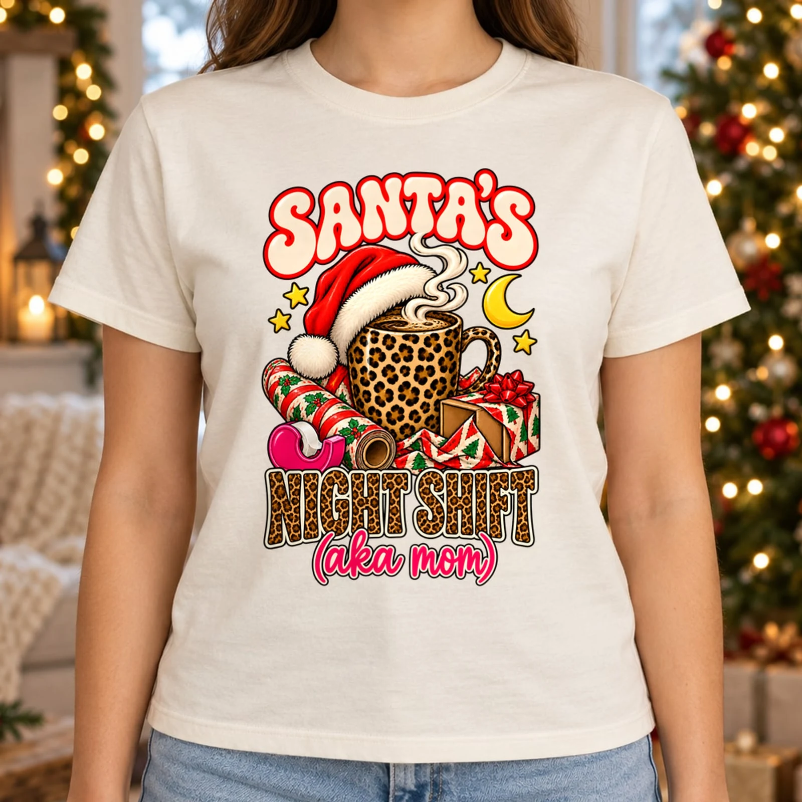 Santa's Night Shift aka Mom Funny Christmas Mom Leopard Retro DTF Transfer