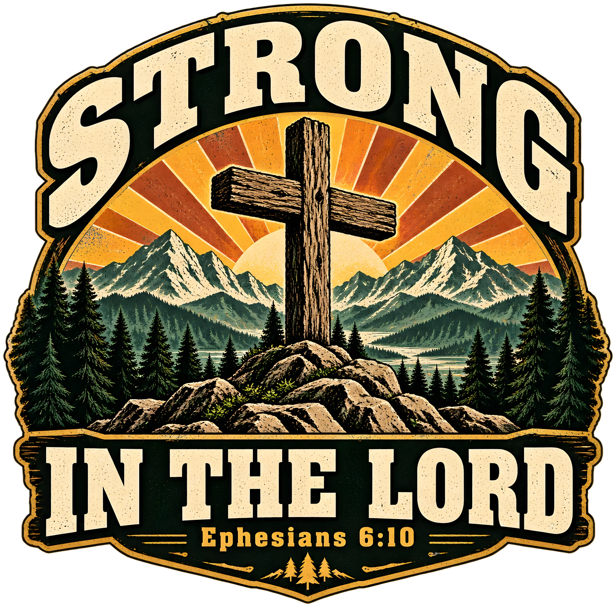 Strong in the Lord Ephesians 6:10 Vintage Mountain Cross Men's Christian DTF Transfer