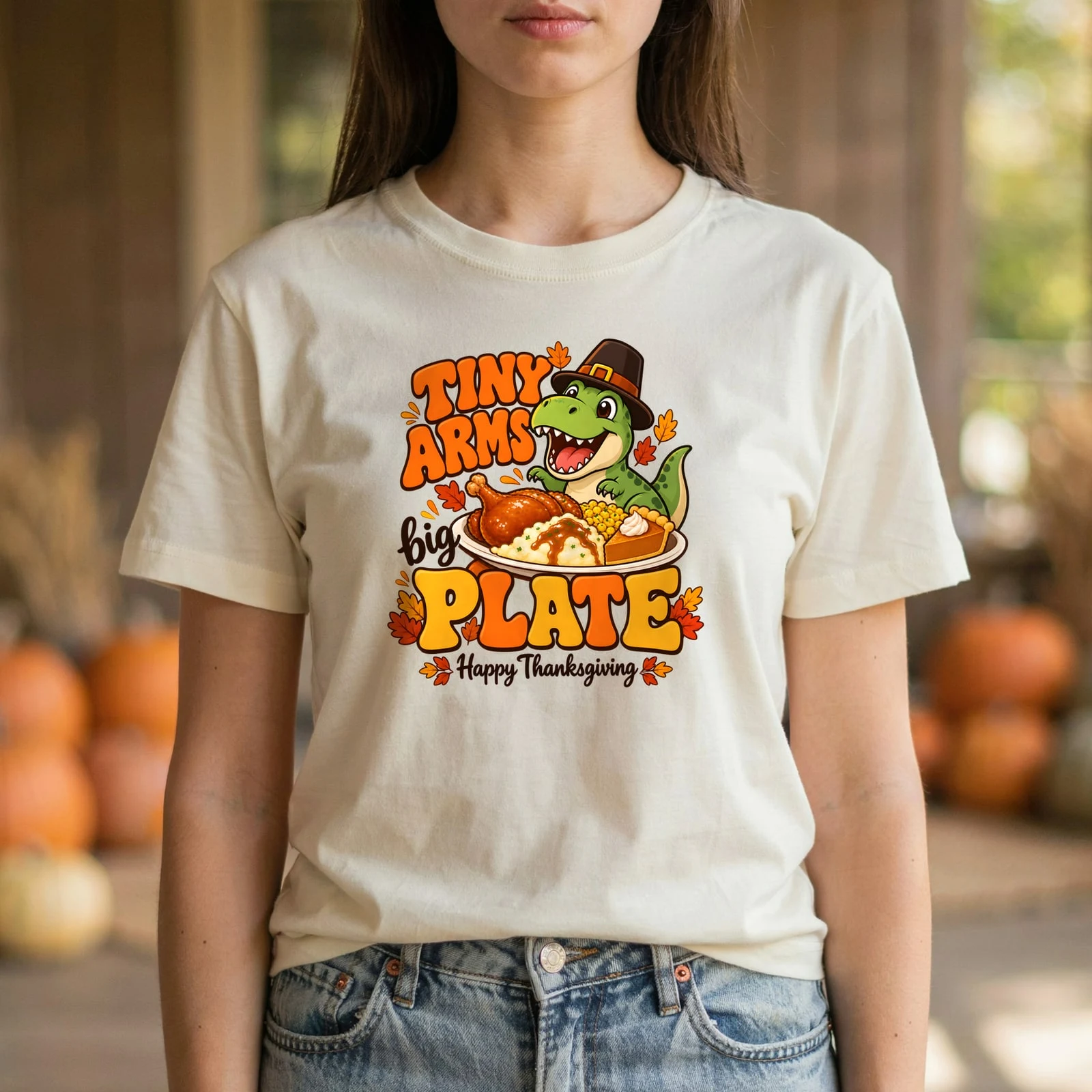 Tiny Arms Big Plate Funny Thanksgiving T-Rex Turkey Kids DTF Transfer