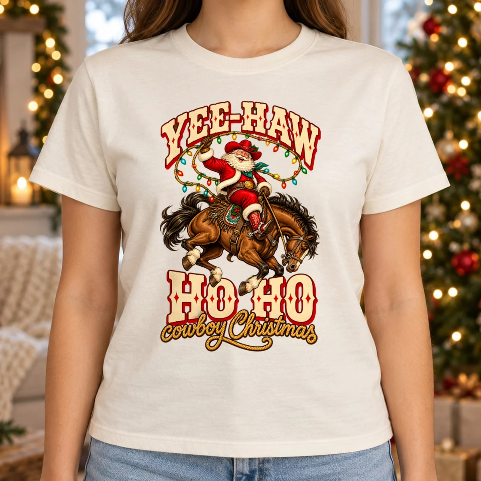 Yee-Haw Ho Ho Cowboy Santa Western Christmas Lights Lasso DTF Transfer