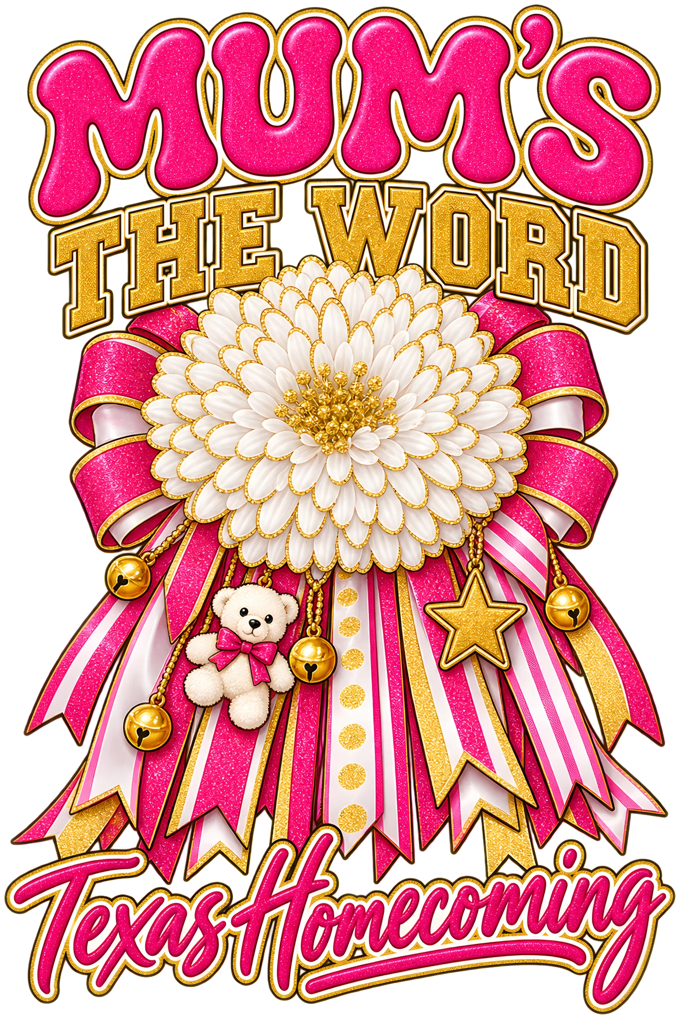 Mum's the Word Texas Homecoming Mum Glitter Ribbon DTF Transfer