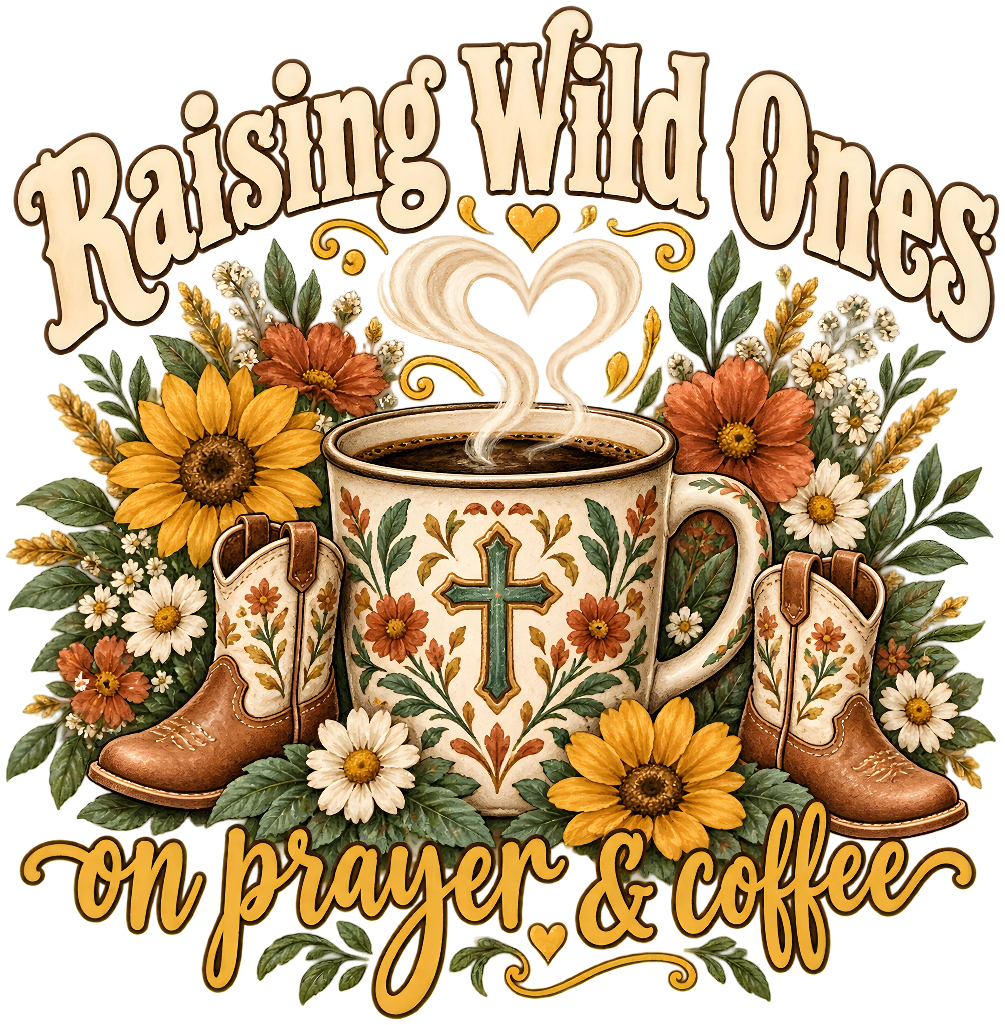 Raising Wild Ones on Prayer and Coffee Boho Western Mom DTF Transfer