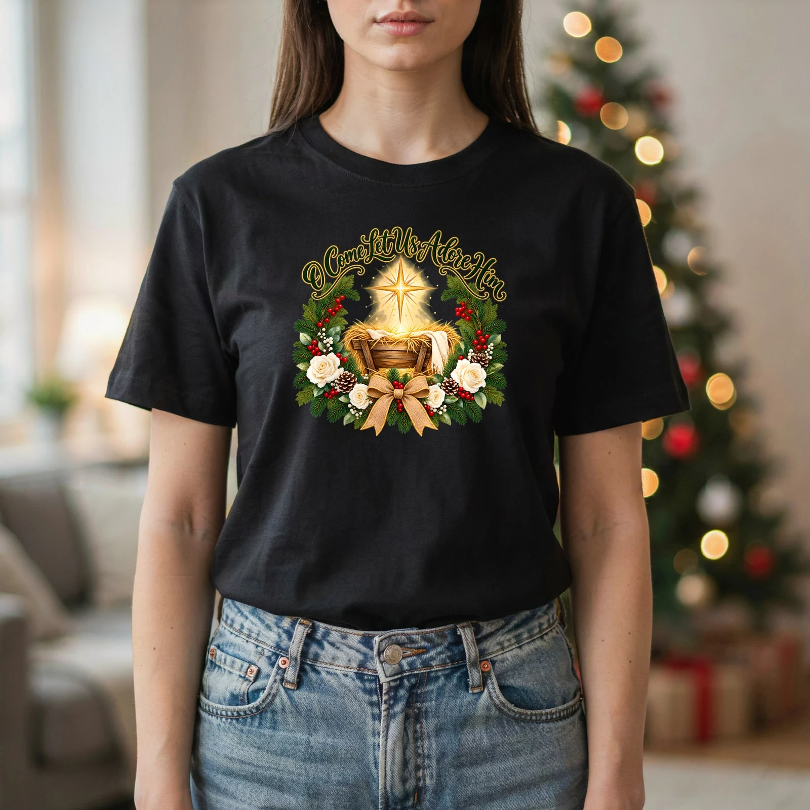 O Come Let Us Adore Him Watercolor Nativity Star Christmas DTF Transfer