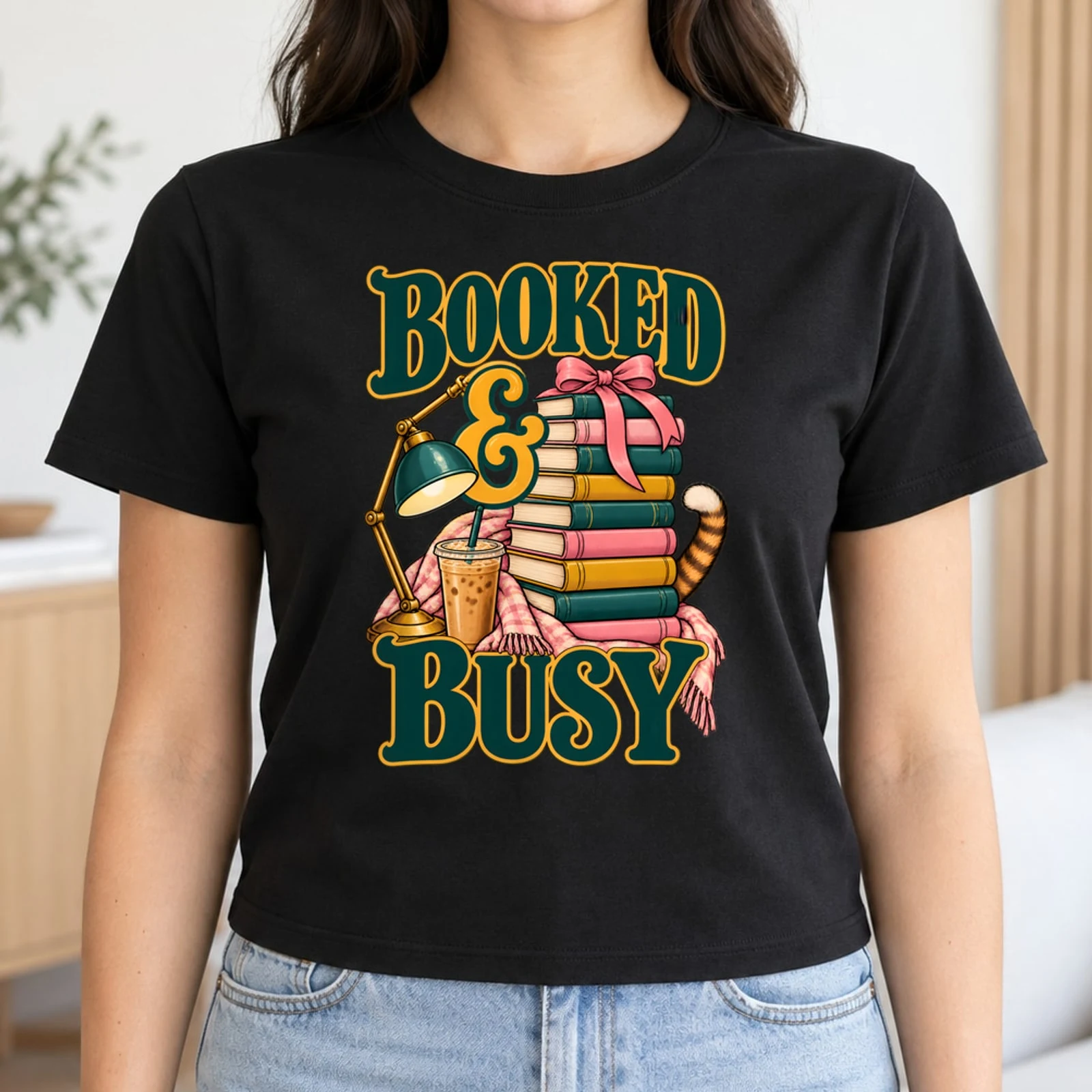 Booked and Busy Bookish Book Stack Iced Coffee Retro DTF Transfer