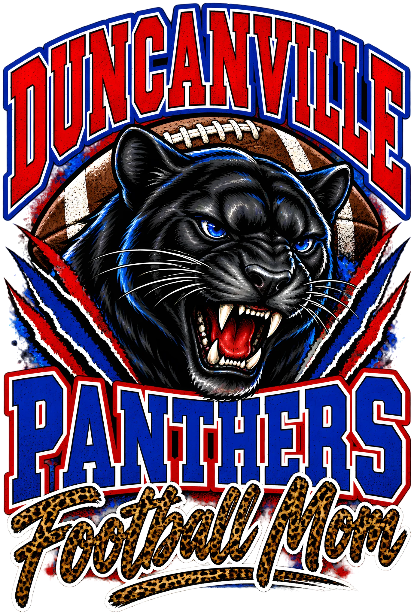 Duncanville Panthers Football Mom Leopard Varsity Red and Royal Blue DTF Transfer