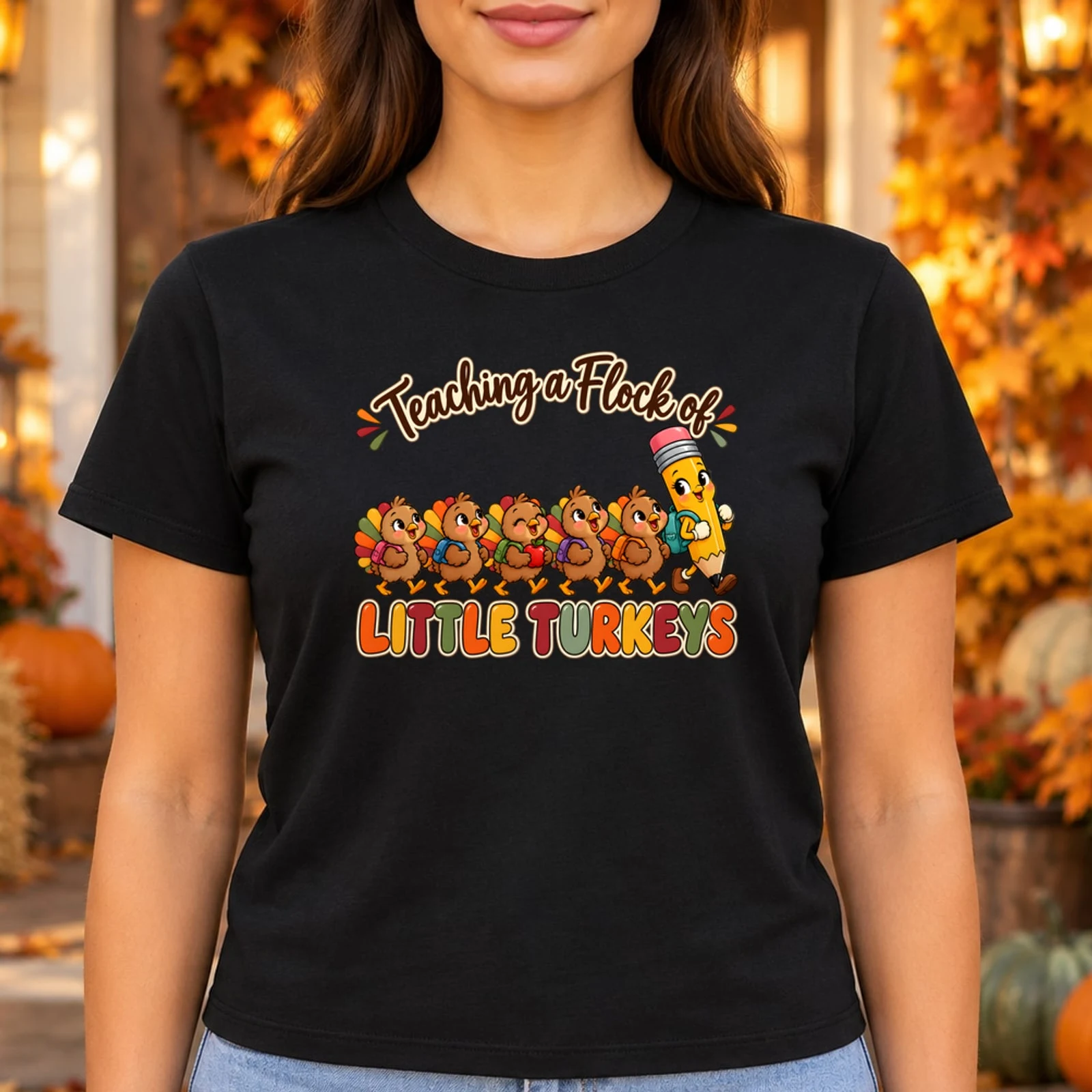 Teaching a Flock of Little Turkeys Teacher Thanksgiving DTF Transfer