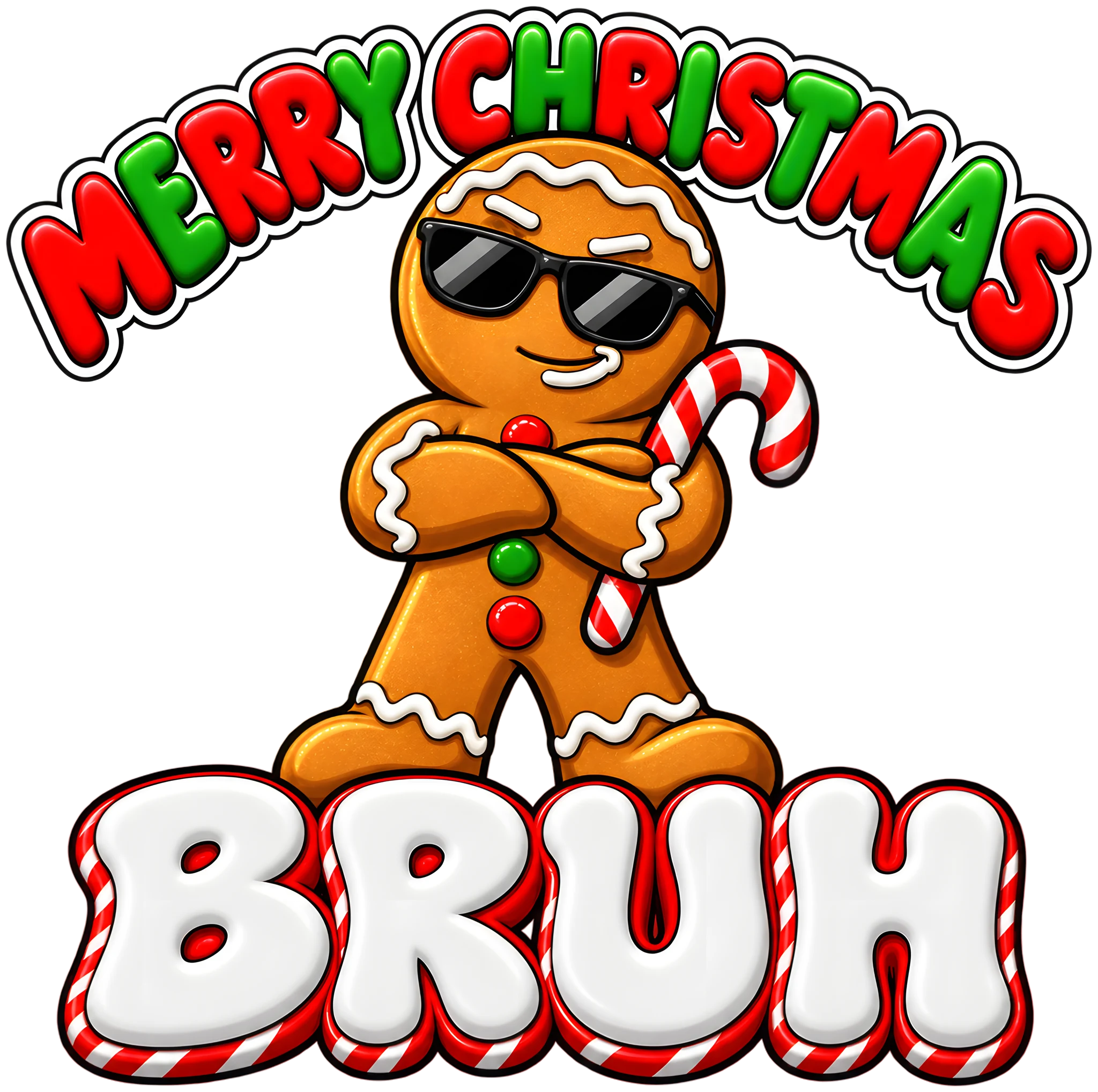 Merry Christmas Bruh Funny Kids Gingerbread Sunglasses Retro DTF Transfer